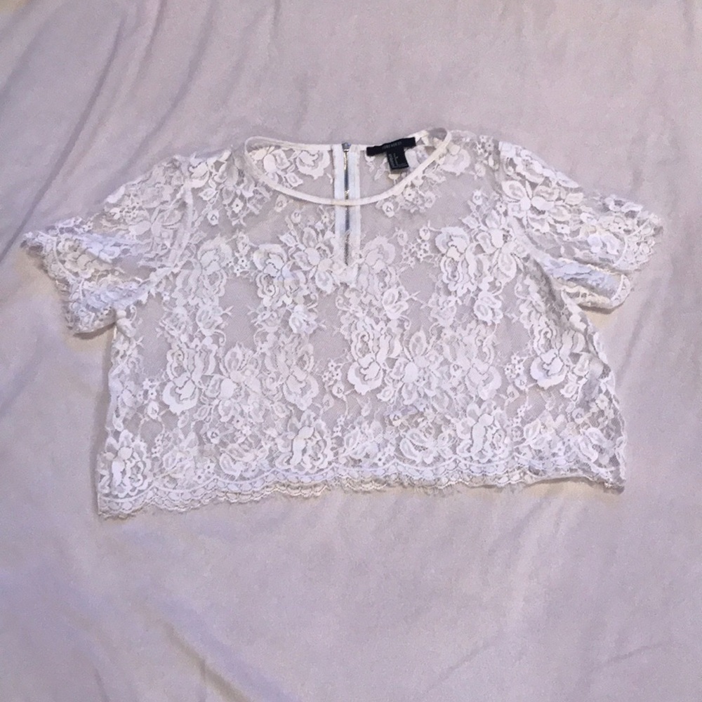 White sheer lace crop top blouse